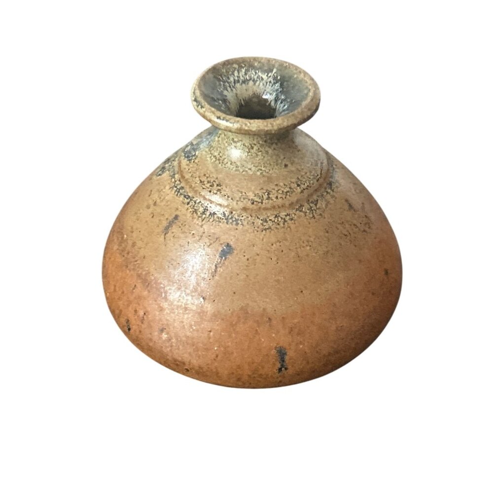 Artist Signed Small Studio Art Pottery Squat Bud Vase Earthy Tones Mission Style